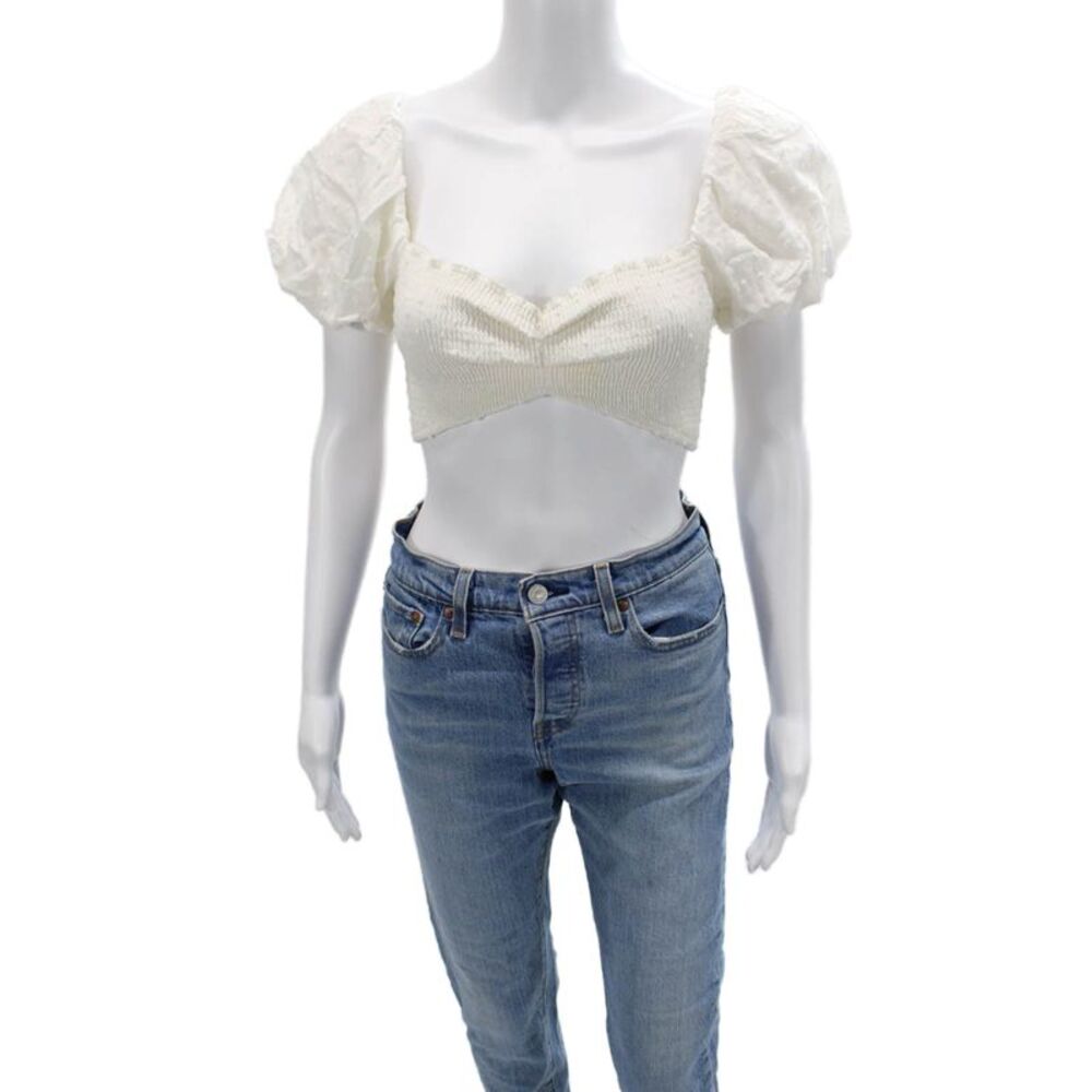 Peixoto Women Cropped Blouse White Rayon Polka Dot Short Sleeve Size XS